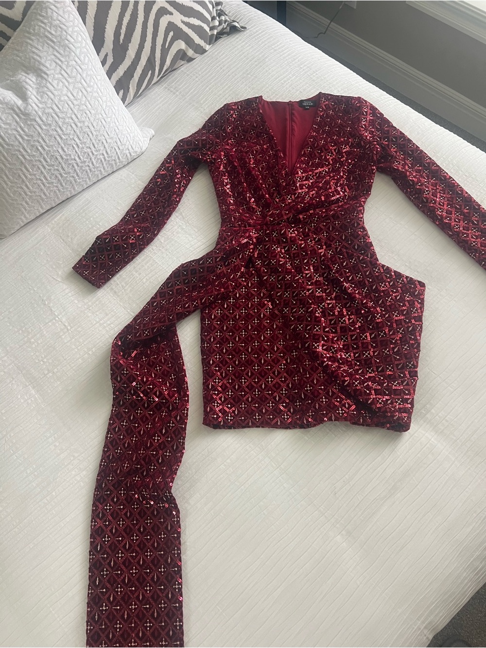 NADINE MERABI Ruby Red Velvet Wrap Mini Dress - Picture 3 of 8